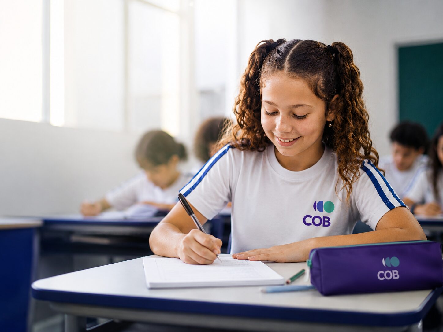 Estudante do COB escrevendo em sala de aula